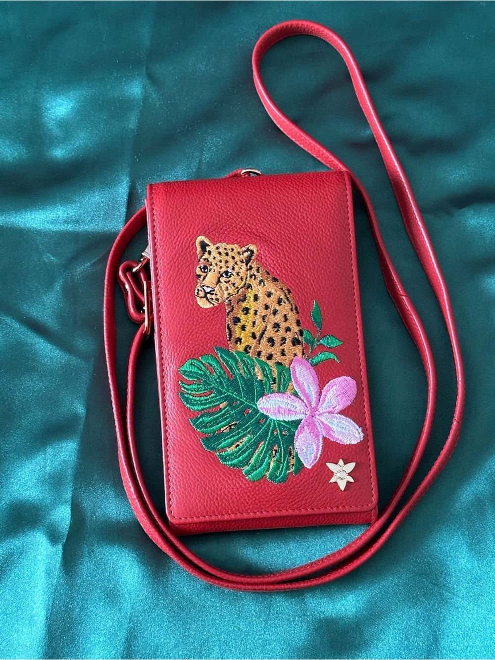 Anuschka Red Crossbody Phone Bag with Leopard & Floral Embroidery